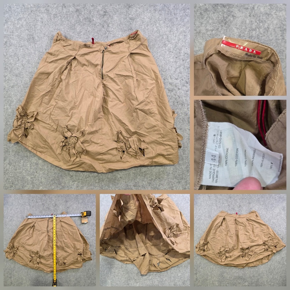 Prada Skirt Womens 44 Beige Cotton A-Line Full‎ Ruffle Floral Made Italy Pleated